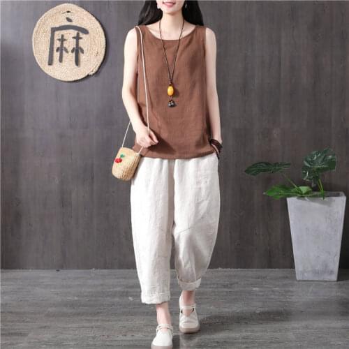 Cotton Linen Vests for Women Summer Harajuku Tanks Camis Vintage Loose Casual Blouses Tops Sleeveless O Neck Womens T-shirts