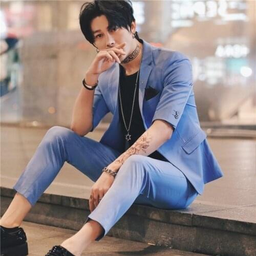 2020 Fashion Suit Men Wedding Tuxdeo Suits For Men Short Sleeve Pants Jacket 2 Pieces Set Summer Korea Slim Fit Blazer Custom