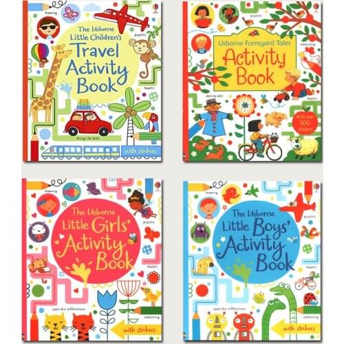 4 books/set Usborne Activity Book English kids educational children Scene Puzzle Game Sticker Travel Farmyard little boys girls
