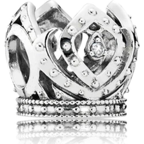 5PCS Ancient Silver Plated Big Hole Beads Fashion King Crown White Crystal Perles Fit Diy Charms Bracelet Wholesale Gift