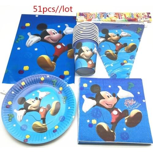 51Pcs Disney Mickey Mouse Theme Design Child Girl Birthday Party Paper Plate Cup Napkin Flag Tablecloth baby shower Supplies