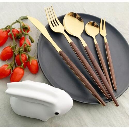 6 People Cutlery Set Wooden Handle Dinnerware Stainless Steel Tableware Western Knife Fork Spoon Silverware Kitchen Flatware Set