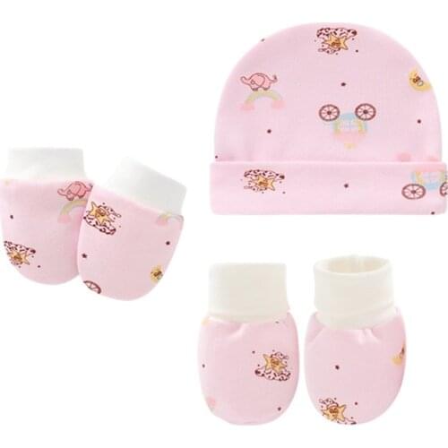 Baby Cartoon Anti-scratch Gloves Hat Foot Cover Set Cotton Mittens Beanie Cap P31B