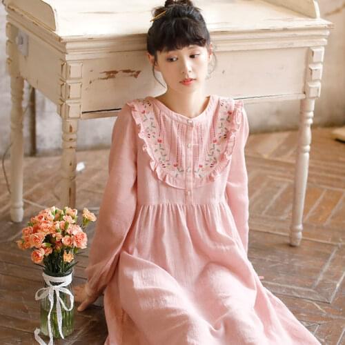 Pure Cotton Long Night Dress Women Autumn Embroidery Ruffles Full Sleeve Vintage Kawaii Nightgown Sweet Girl Nightdress Homewear