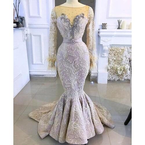 Elegant Lace Mermaid Evening Dresses Full Sleeves Beaded Feather Long Prom Gowns Crystal Formal Party Dresses Robe De Soiree