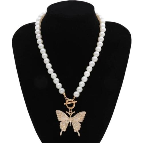 Artificial pearl Statement Big Butterfly Pendant Necklace pearl Chain for Women Bling Tennis Chain Crystal Choker Necklace Jewel