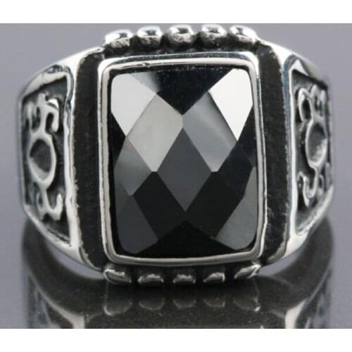 Black Crystal Glass Stainless Steel Ring Punk Style Hip Hop Ring For Men Women Jewelry