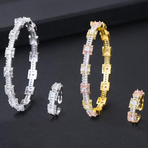 LARRAURI Super Luxury Full Micro Cubic Zirconia Flowers Leaf Geometry Bangle Ring Sets For Women Wedding Dubai Jewelry Sets