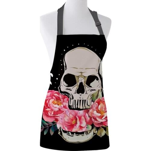 Kitchen Apron Skull Flowers Black Adjustable BBQ Bib Canvas Aprons For Women Cooking Baking Restaurant Kids Apron Pinafore