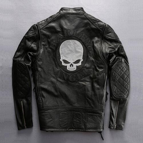 DHL free shipping Mens Genuine Leather Jackets Vintage Classic Cowhide Warm Motorcycle Biker Black Jacket Skull Embroidery Coat