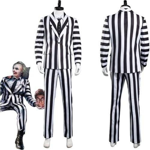 Beetlejuice Adam Cosplay Costume Men Black and White Striped Suit Jacket Shirt Pants Outfits Halloween Carnival
