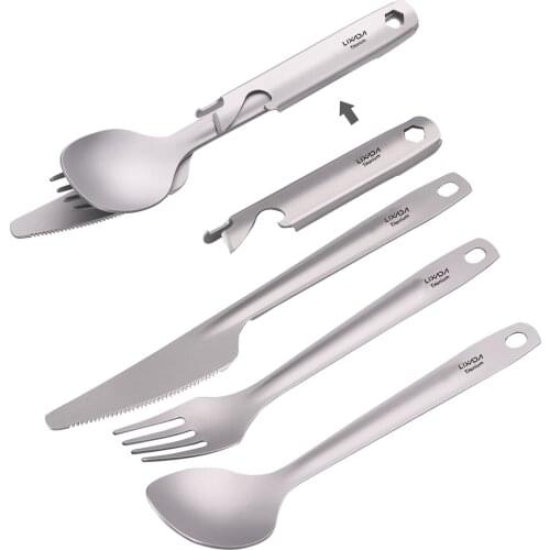 Lixada 4in1 Titanium Flatware Cutlery Set Lightweight Picnic Outdoor Spoon Fork Cutter Multifunctional Flatware Cooking Supplies