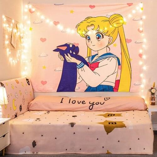 Home Decor Tapestry Wall Hanging Background Cloth Bedroom Kawaii Anime Tapestri Bedside Wall Blanket Starry USB LED String Lighs