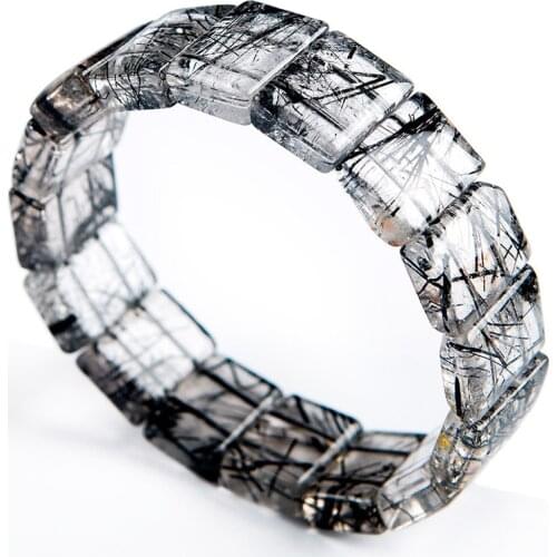 Natural Brazil Black Hair Needle Rutilated Quartz Crystal Charm Rectangle Beads Lady Fashion Bracelet