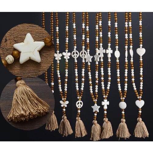 New Hand made Stone Jewelry Necklace White Butterfly Star Heart Stone Tassel Necklace Wood Bead Long Necklace Women Gift