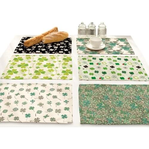 Green Four-leaf Clover Flowers Printed Drink Coasters Mats for Dining Table Linen Placemat Bowl Kitchen Decoration Accessories