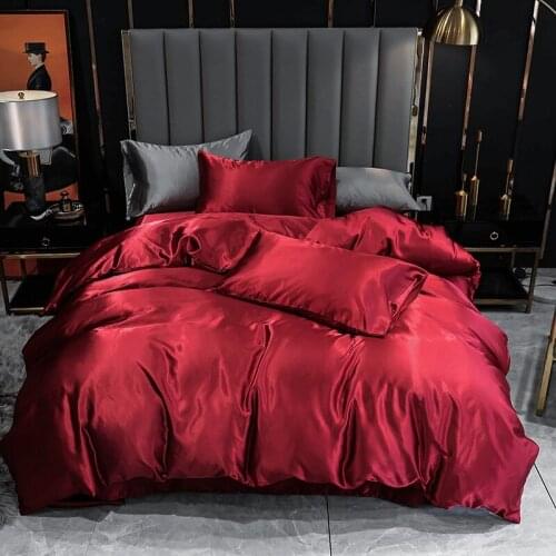 Luxury Silky Satin Bedding Set Wine Red Pillowcase Duvet Cover Soft Bedclothes US Twin Queen UK Double Bed Linen Set for Adults