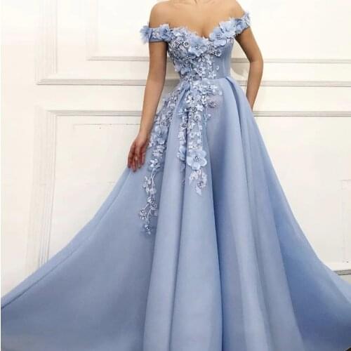 2021 Light Blue Prom Dress Off the Shoulder A Line Handmade Flower Tulle Prom Party Evening Gowns First-Class Material