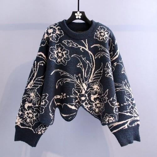 Vintage Sweaters Womens Autumn Winter Knit Pullovers Girls O-neck Floral Wave Hem Blue Sweater Long Sleeve Cropped Sweater