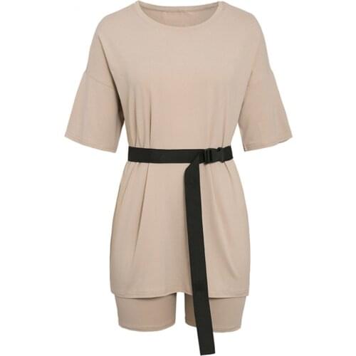 Women Half Sleeve T-shirt Top Shorts Bodycon Outfit O Neck Short Sleeve Shirt with Belt Homewear Two Pieces Suit Leisure Set