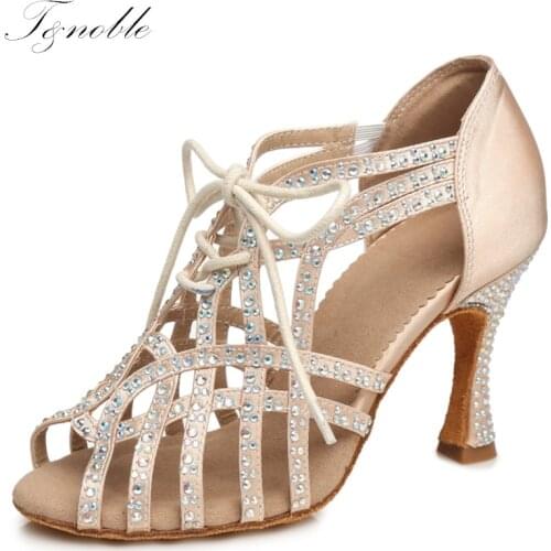 New Arrival Women Latin Dance Shoes Shining Rhinestone Brown Gold Satin Ballroom Dancing Boots Cuba Heel 9cm Summer Sandal L460