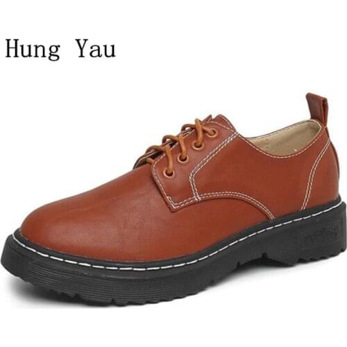 Women Shoes Casual Oxford Flat Shoes Platform Woman Walking Round Toe 2018 Autumn Fashion Lace Up Low Heeled Skid Comfortable