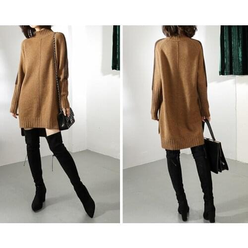 Women Autumn Winter Sweater Knitted Dresses Women Fashion Turtleneck Long Sweater Dress Ladies Warm Split Sweater Dress