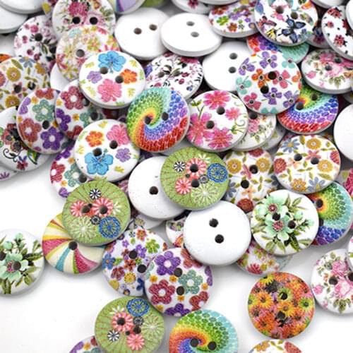 100pcs 15mm Flower Pattern Round Shaped Wooden Button Mixed Wood Buttons 2 Holes Sewing Accessories for Clothes DIY Craft
