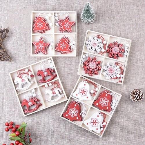 12Pcs Boxed Natural Wood Christmas Tree Ornament Diy Wooden Hanging Pendants Christmas Decorations for Home Party New Year