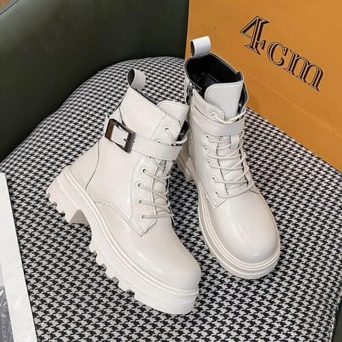 2021 Trendy White Women Chunky Boots Leather Martin Boot Women Shoes Comfortable Add Velvet Winter Womens Boots zapatos mujer