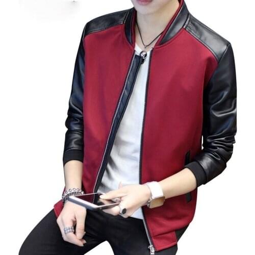 2021 Autumn New Mens Leather Patchwork Jackets Slim Fit Round Neck Black Casual Leather Jacket Outerwear Overcoat M-3XL