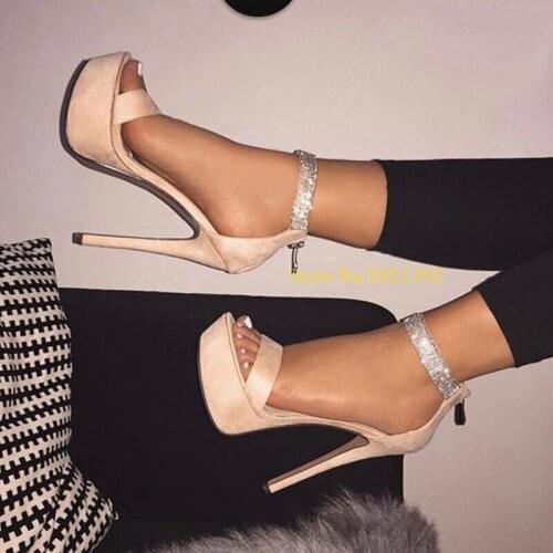 Glitter Ankle Strap Platform Sandals Open Toe Cover Heel Zip Up One Strap Waterproof Thin High Heels Satin Material Sandals Shoe