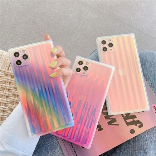 Square Straight Edge Gradient Rainbow Color Phone Case for iPhone 11 Pro Max XR X XS Max 7 8 Soft TPU Clear Girly Suitcase Cover