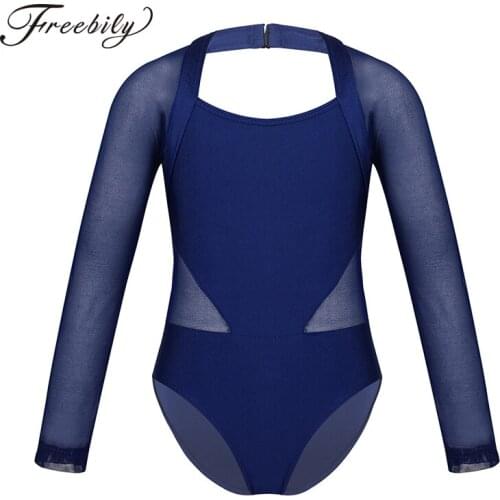 Kids Teens Long Sleeves Mesh Splice Ballet Leotard Dance Costume Children Girls Stage Performance Gymnastics Leotard Jumpsuit