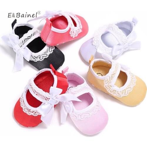 E&Bainel White Bowknot Baby Girl Lace Princess Shallow Ankle Shoes Newborn Prewalker Anti-Slip Shoe Baby Shoes First Walkers