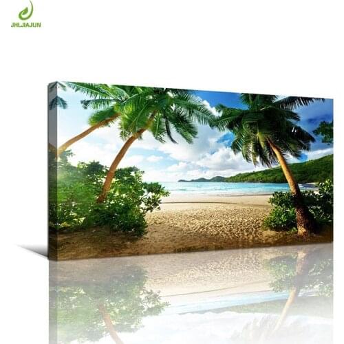 JHLJIAJUN Canvas Painting Coconut Palm Tree Beach Landscape Posters 3D Wall Art Picture Home Decor Wall Art For Living Room