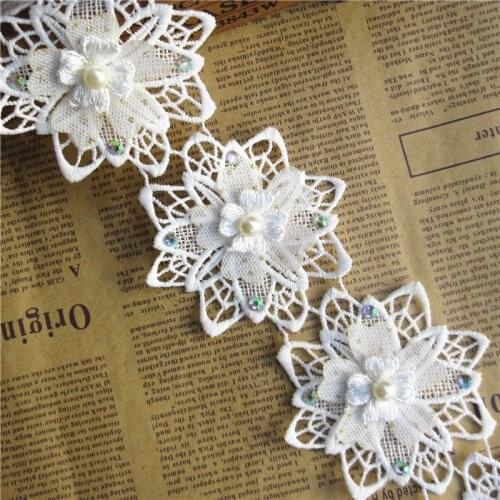 1 yard White Cotton Pearl Rhinestone Flower Embroidered Lace Trim Ribbon Fabric Handmade DIY Wedding Dress Sewing Supplies Craft
