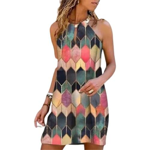5XL Fashion Geometric Flower Print Mini Dress Women Summer Metal Ring Sleeveless Vest Dresses Elegant Lady Party Dress Vestidos