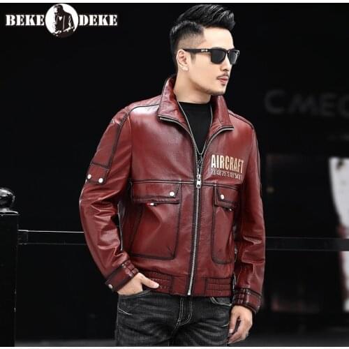Luxury Men Bomber Real Leather Jacket Short Turn-Down Collar Slim Biker Cowhide Coat High Quality Business Casual Outerwear