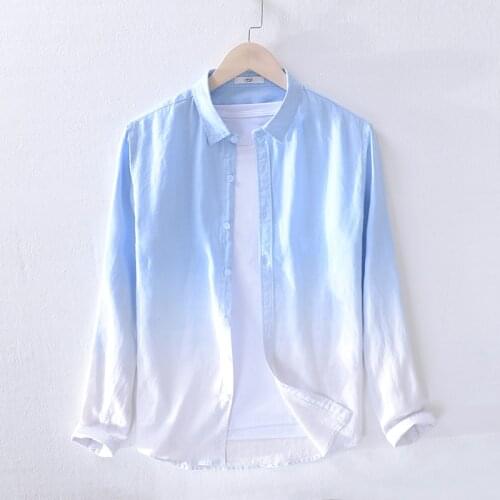 2019 Gradient Men long Sleeves Shirt Summer Linen Slim Stand Collar Comfortable Shirts