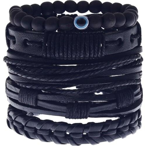 5Pcs/set Handmade Woven Evil Eye Charm Black Wood Beads Men Bracelets For Women Femme Homme Female Male Leather Jewelry