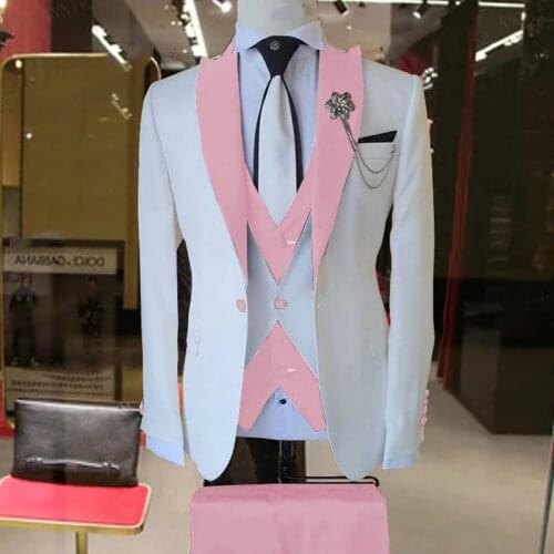 New Men Clothing 3 Pieces Groom Wedding Men Suit Set Fashion Designs Pink Business Jacket Vest Royal Blue Trousers Dress Tuxedo