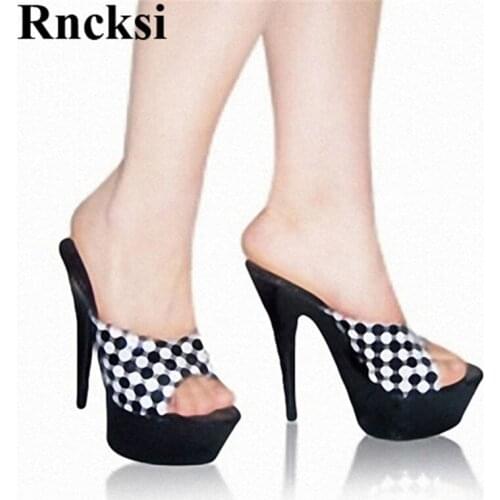 Rncksi Plaid Woman Platform High Heel Slippers 15cm Stiletto Slippers Hand Made Sexy High Heel Wedding Dance Shoes