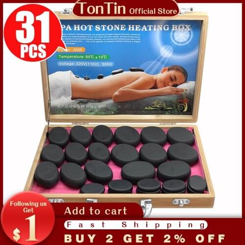Tontin 31 Stks/set Hot Stone Massage Set Tool Basalt Stenen Massage 220V/110V Bamboe Heater Box Ce rohs Ronde Steen Massager