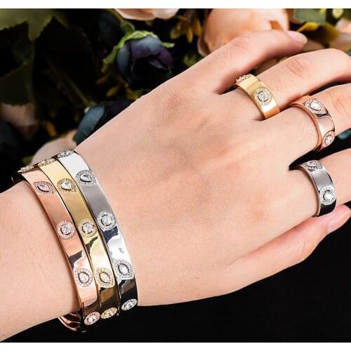 High Quality New Trendy Stackable Sparkly Bangle Ring Set Mix Match For Women Full Micro Cubic Zircon Party Wedding Saudi Arabic