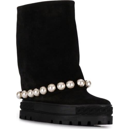 INS woman pearls Inner-increasing platform leather mid-boots plus size double platform inner heel woman pearls beading mid boot