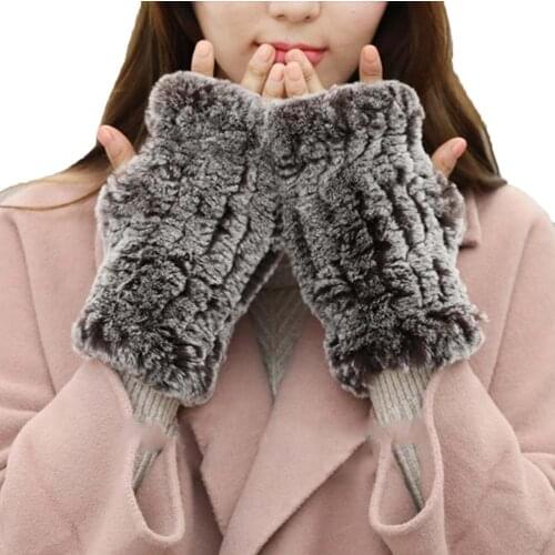Womens Real Rabbit Fur Gloves Fashion Brown with White Tip
