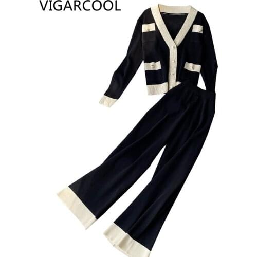 High-quality temperament knitted Suit Women elegant V-neck cardigan knitted Jacket + high waist wide-leg Pants two-piece Female