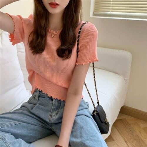 2021 Summer Ruched Ruffle Women Sweater High Elastic Fashion Short Sleeve Sweater Woman Slim Sexy Knitted Pullovers Purple White