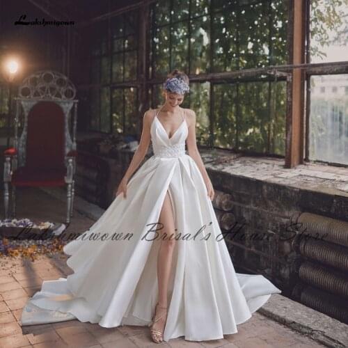 Robe Satin Sexy Bridal A Line Wedding Dress High Split 2020 Vestidos de Boda Deep V Neck Princess Women Wedding Gown Open Back